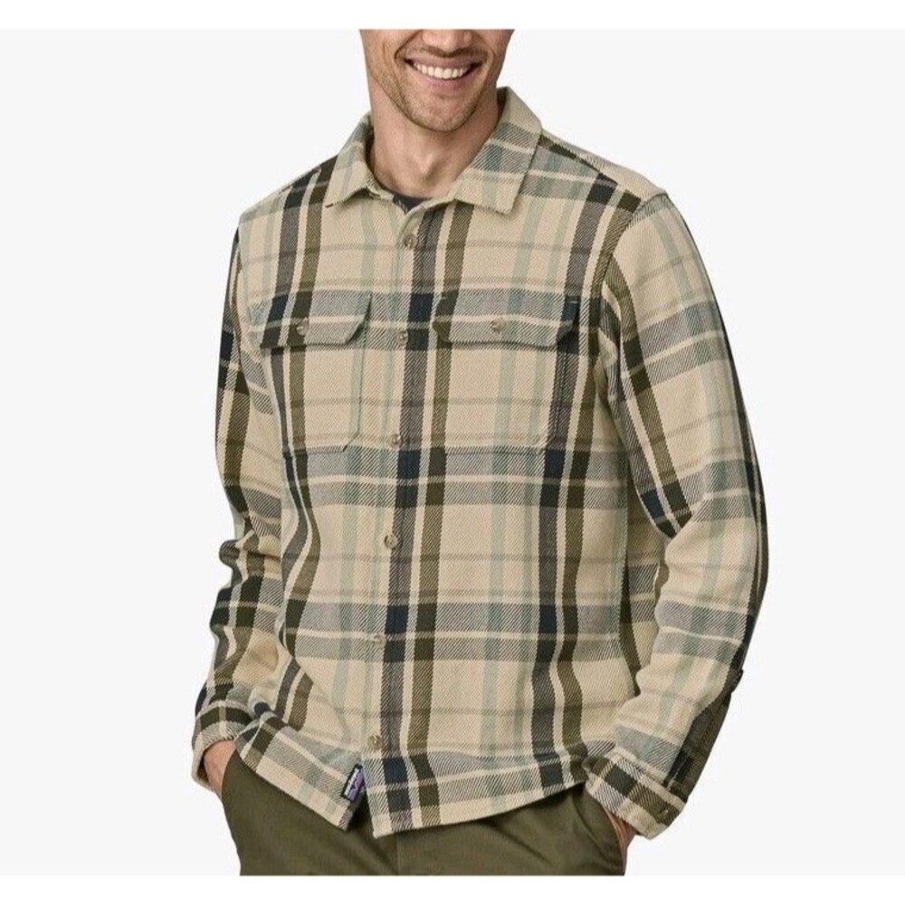 Patagonia Fjord Loft Shirt Mens L Mist Natural Plaid Organic Cotton Flannel
